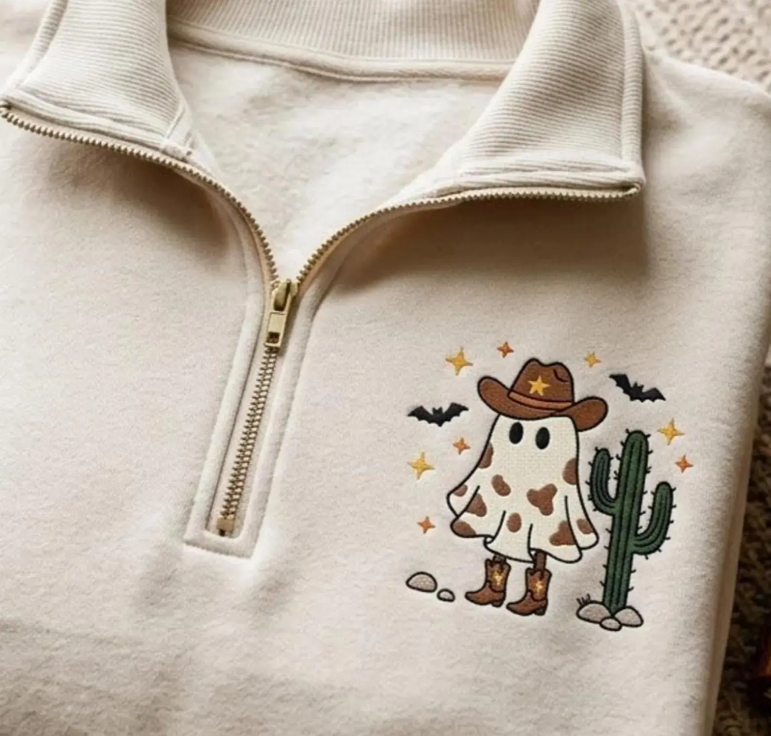 [MADE IN US] Ghost Cowboy Quarter Zip Sweatshirt – Western Halloween Embroidered Pullover, Halloween Cowboy Ghost Tee, Funny Halloween Shirt