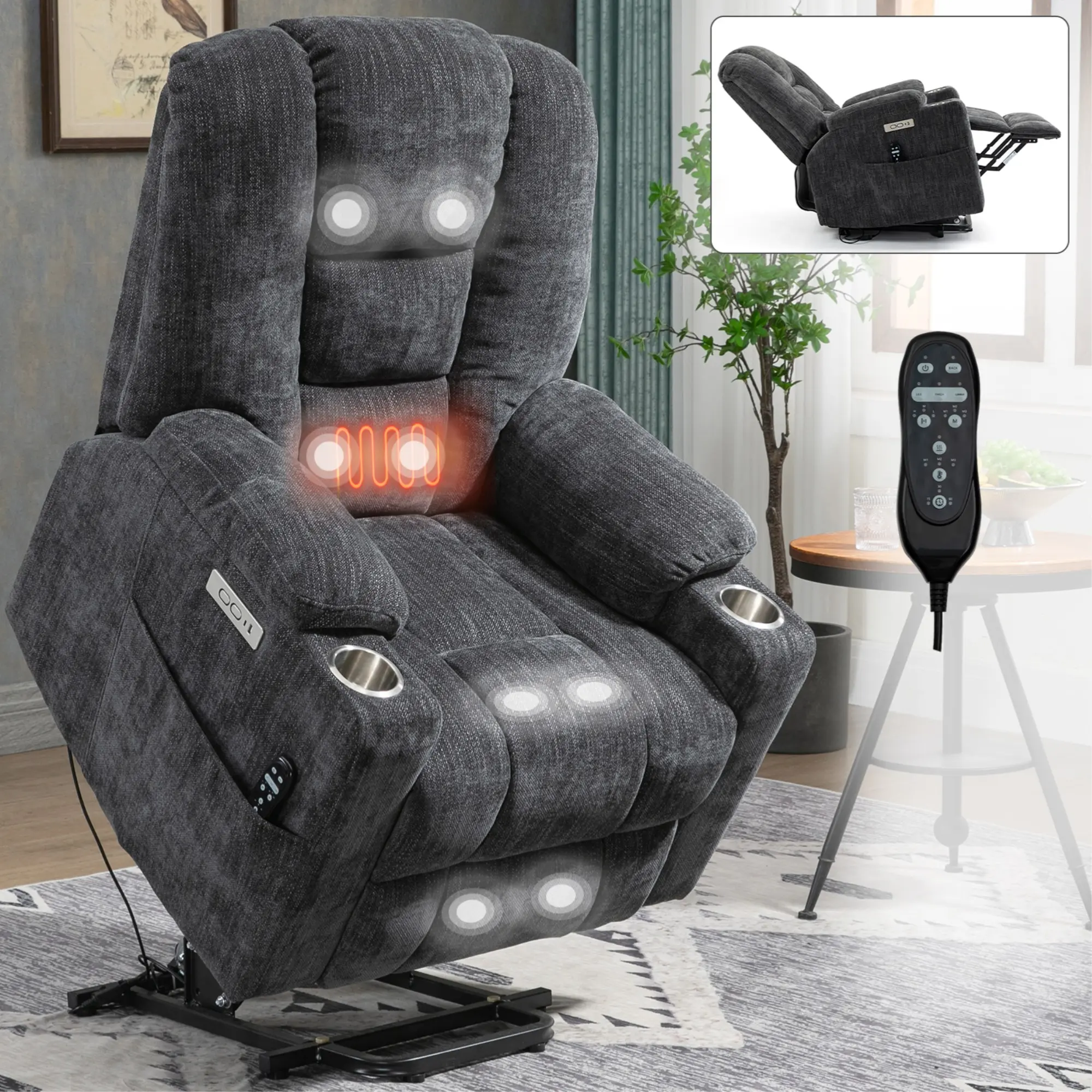 Eyisean 34" Chenille Oversized Power Lift Recliner Chair, Overstuffed Wide Recliners with Heat & Massage for Elderly, Heavy Duty Recliner Sofa with USB Ports, Cup Holders, Side Pockets, Comfy Deep Seat Chair for Reading, Bedroom, Living Room