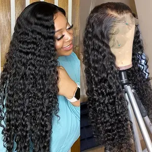 32 Inch Deep Wave Lace Front Wigs Blended Human Hair 180% Density Curly Wig 13x4 Lace Frontal Wet and Wavy Wigs for Women with Baby Hair and Special Designed Adjustable Straps