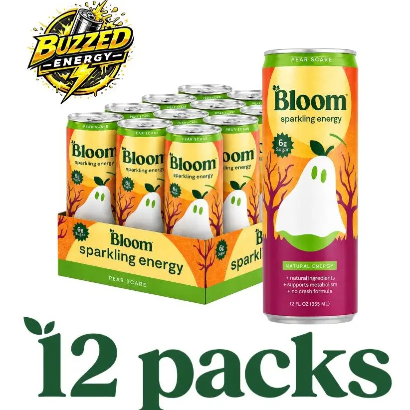 Bloom Nutrition Sparkling Energy Drink, Lemon & Other Flavors, 0 Sugar Low Calorie Beverage with Natural Caffeine, Green Tea Extract, Green Coffee Bean & Prebiotic Boost, 12oz 12-Pack
