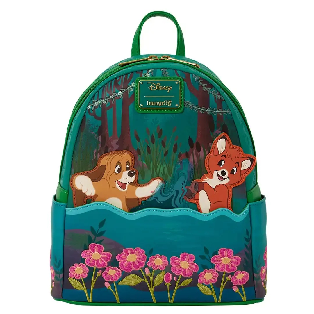 Unisex Mini Backpack featuring The Fox and the Hound, Faux Leather with Movable Tod and Copper, Applique, and Embroidery, Casual, Cartoonish