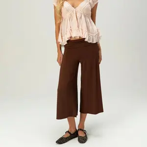 Summer Women's Y2k Fold Over Loungewear Capris Wide Leg Cropped Flowy Gaucho Pants Comfy Casual Yoga Coluttes Pajama Bottoms