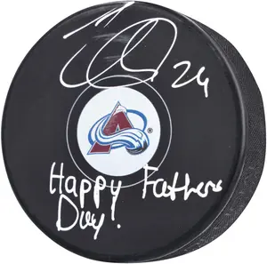 Nathan MacKinnon Colorado Avalanche Autographed Hockey Puck with "Happy Father's Day!" Inscription - NHL Auctions Exclusive - Fanatics Authentic Certified