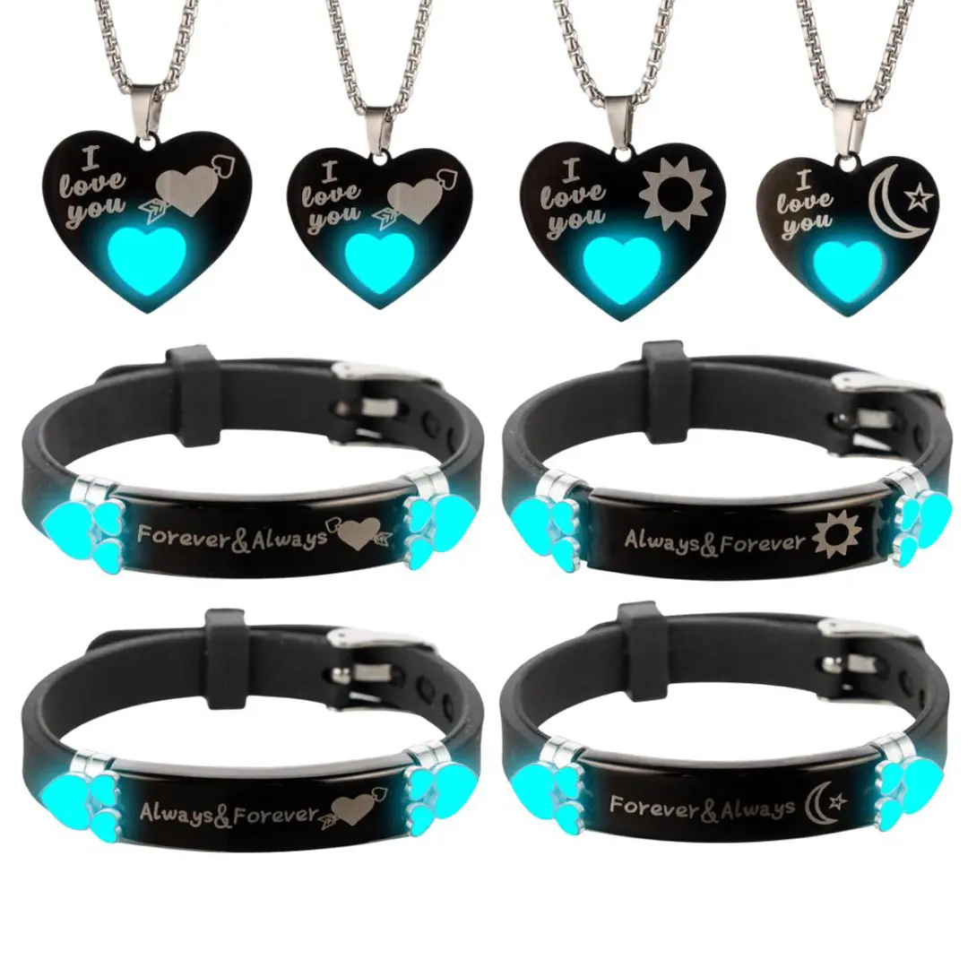 Couples 4-Piece Stainless Steel Matching Heart Necklace & Bracelet Set - Glow-in-the-Dark, Engraved Love Text, Fade-Proof Link Chain, Unisex Fit, Daily Wear, Casual Anniversary Gift, Couple Gifts for Adults, Everyday Wear