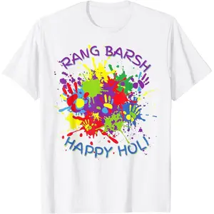 Cotton Short Sleeve Happy Holi Rang Barse Festival Of Colors T-Shirt For Men Women Men Tee