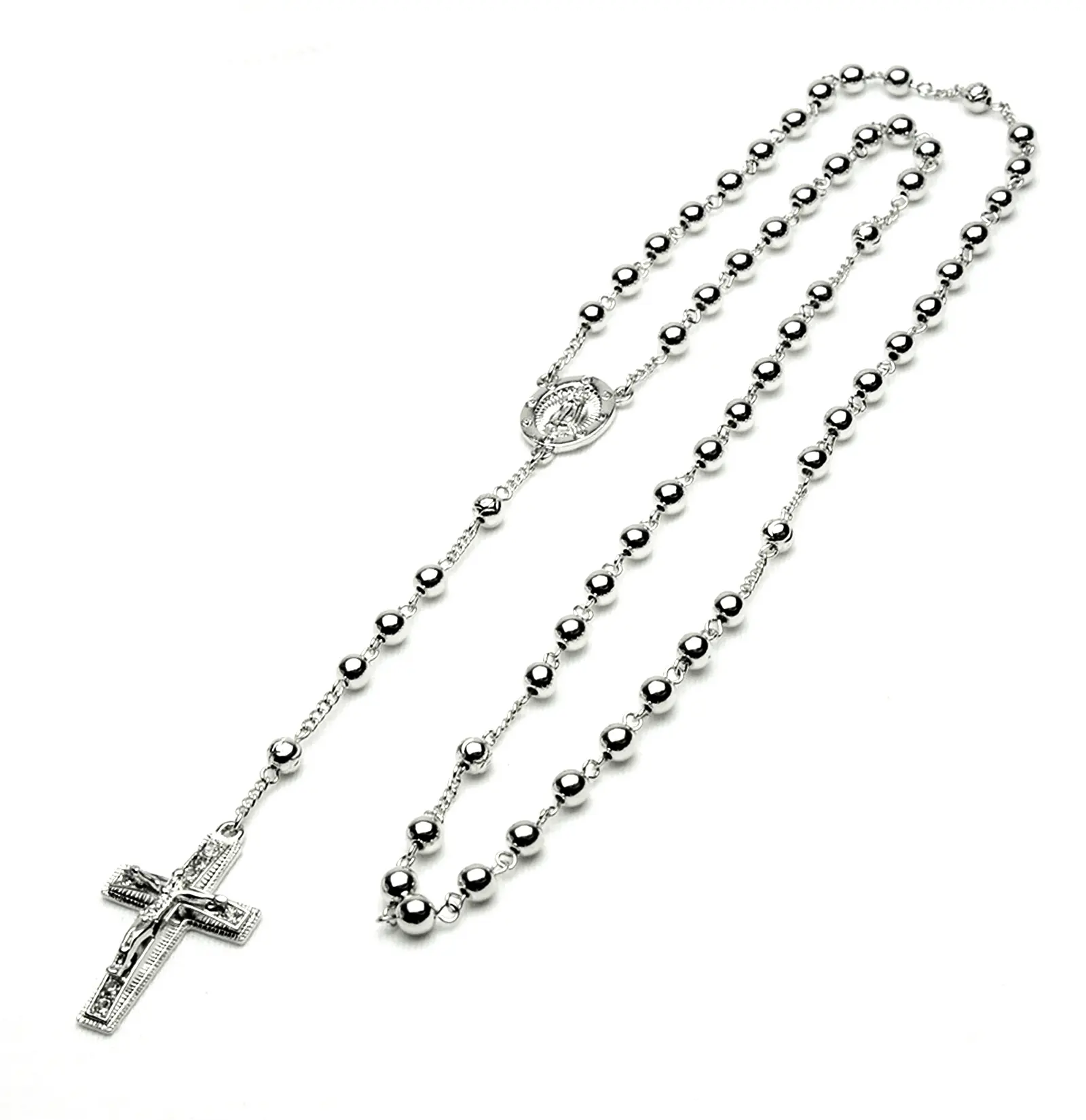 Men's Women's Silver Tone Bead Virgin Mary Guadalupe Cross 28" Rosary Necklace HR600S