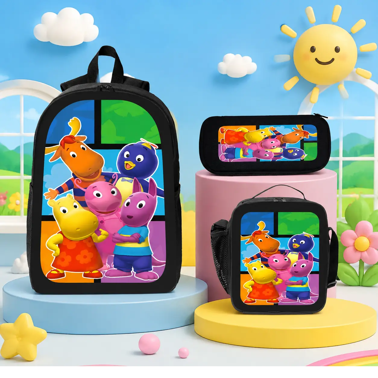 Backyardigans Cartoon Backpack Set 3PCS School Backpack Lunch Bag Pencil Case Cute Anime Bookbag Lightweight Daypack for Teens Students Back to School School Supplies Travel Backpack Gift for Girls Boys Kids College Student Bag