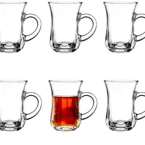 Arabic and Turkish Tea Glasses With Handle - 6 pcs Tea Cups, Slim Waist Thick Sole Tea Glasses for Hold Cold Drinks, 5.2 oz / 150ml Set