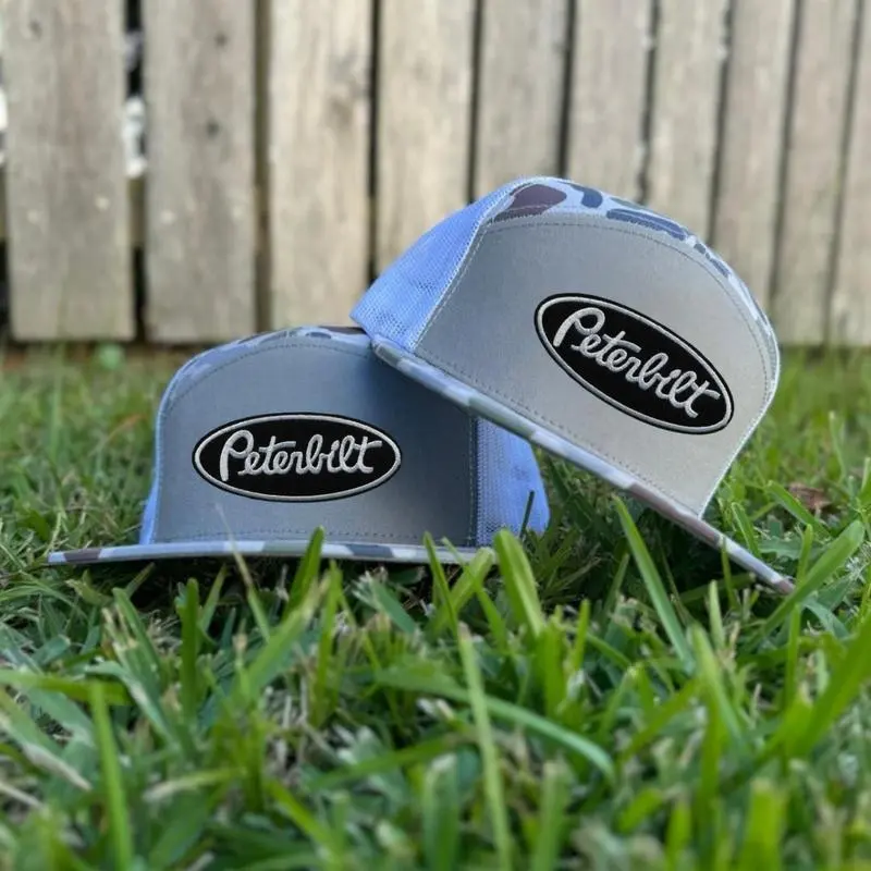 Vintage Peterbilt Camo 7 Panel Trucker Hat – Old School Embroidered Snapback, Black/White/Khaki/Brown Mesh Back Cap
