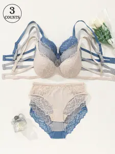 3 sets of Lace Sexy Women's Underwear Set Underwire Deep V Gathered Integrated Underwear Lace Stitching Open Back Adjustable Breasted Design Dating Daily Casual and Comfortable Wear Women's Sexy Lace Bra Panties Underwear Set