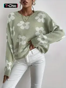 Autumn Fresh Series Round Neck Floral Jacquard Loose-Fit Long Sleeve Knitted Pullover Sweater, Womenswear Casual Style, Moderate Fabric, Spring & Fall Wear, Knitwear