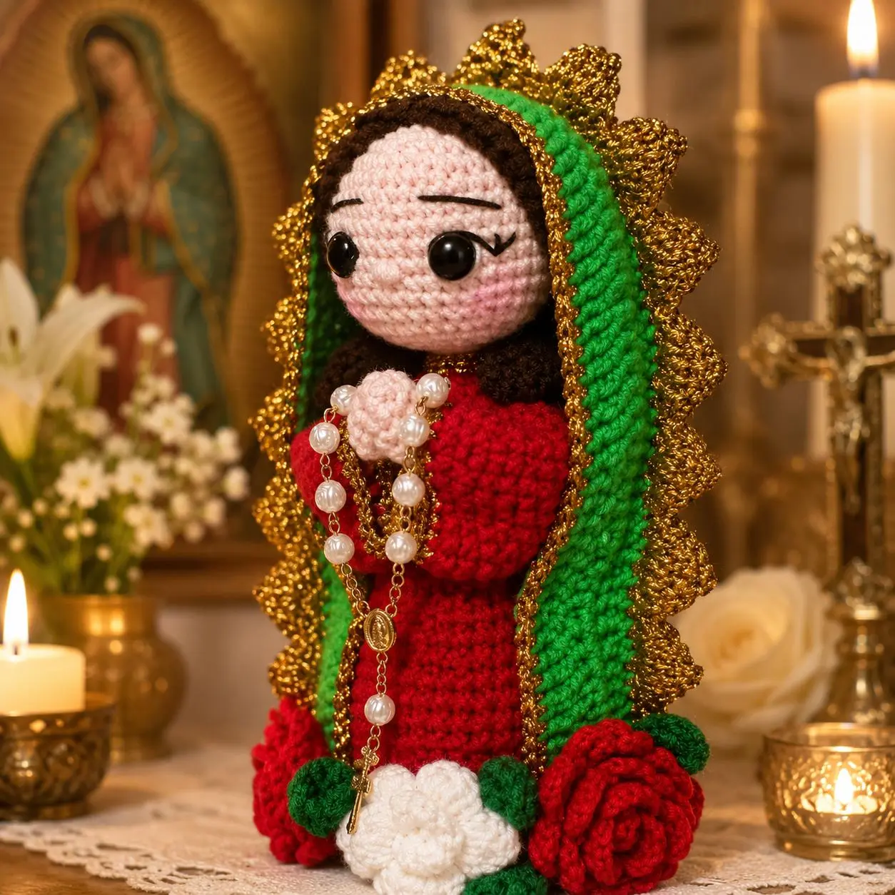 Our Lady of Guadalupe Crochet Doll - Handmade Virgin Mary Amigurumi Catholic Home Decor