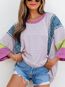 Women's Purple Stripe Floral Color Block Raw Edge Patchwork Bracelet Sleeve Blouse, Casual Everyday Boho V-Neck Top for Women, Relaxed Flowy Shirt, Chic Spliced Apparel Striped Striped
