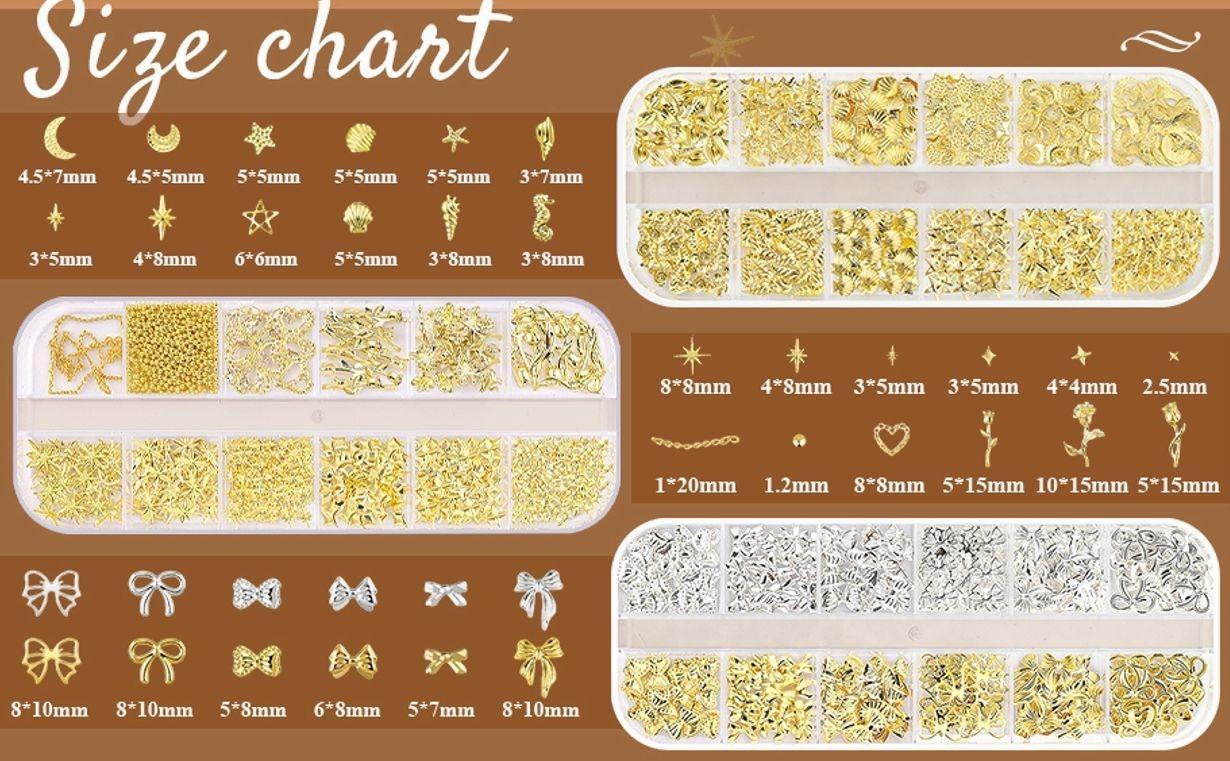 2640Pcs 3D Star Nail Charms, Gold & Silver Multi-Shapes Metallic Nail Art Gems and Small Round Caviar Beads, Craft Jewels Nail Rhinestones Accessories Manicure Decor with Tweezers and Pick-up Pencil