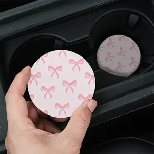 Pink Bow Car Coasters, 2/4 Pieces Birthday Gift, Valentine's Day Gift, Durable Non-Slip Drink Coaster, Elegant Car Interior Decor