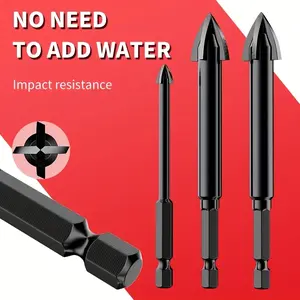 Four-tooth rotating sawtooth design, black, used for drilling dry porcelain, ceramics, glass, marble, concrete, stainless steel, stone, high-hardness tiles. Four-tooth cross drill, universal drill bit set