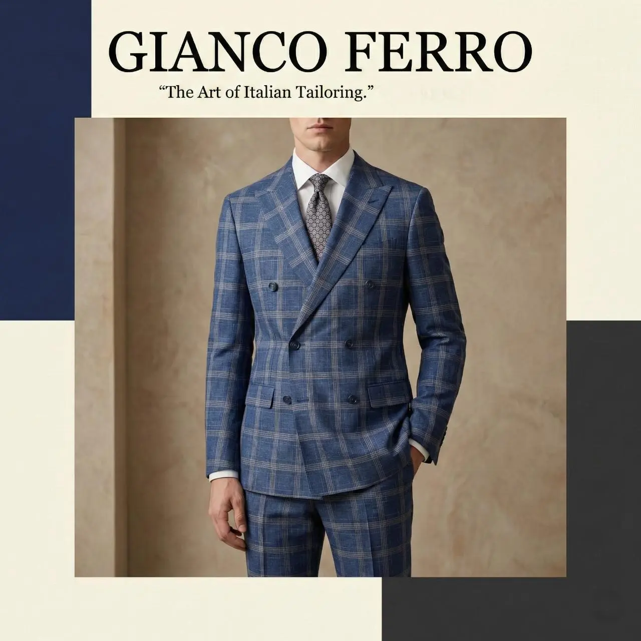 Gianco Ferro Men's Plaid 2-Piece Suit – Smart Fit Double-Breasted Blazer and Dress Pants Set, Stretch Fabric Formal Suit for Weddings, Business and Parties