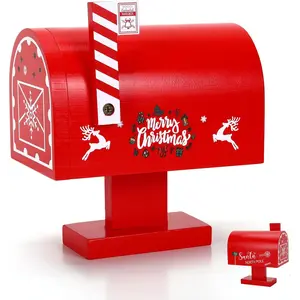 Wooden Christmas Mailbox with 12 Envelopes & Cards, Letters to Santa Holiday Decoration for  & Family, Red Wooden Santa Mail Box for Christmas Tabletop Display