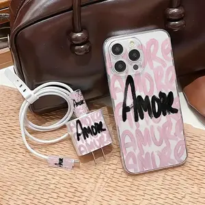 5-Piece Phone Case Set with Amore-Love Print, Durable Anti-Drop Cover, Data Line Protectors, Silicone Strap, Fits iPhone Models