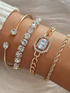 4pcs Women's layered bracelet set personalized water diamond bracelet, small retro style imitation gemstone bracelet, threaded chain bracelet, suitable for daily life, parties, casual fashion items, birthday gifts, Christmas and year-end promotions.