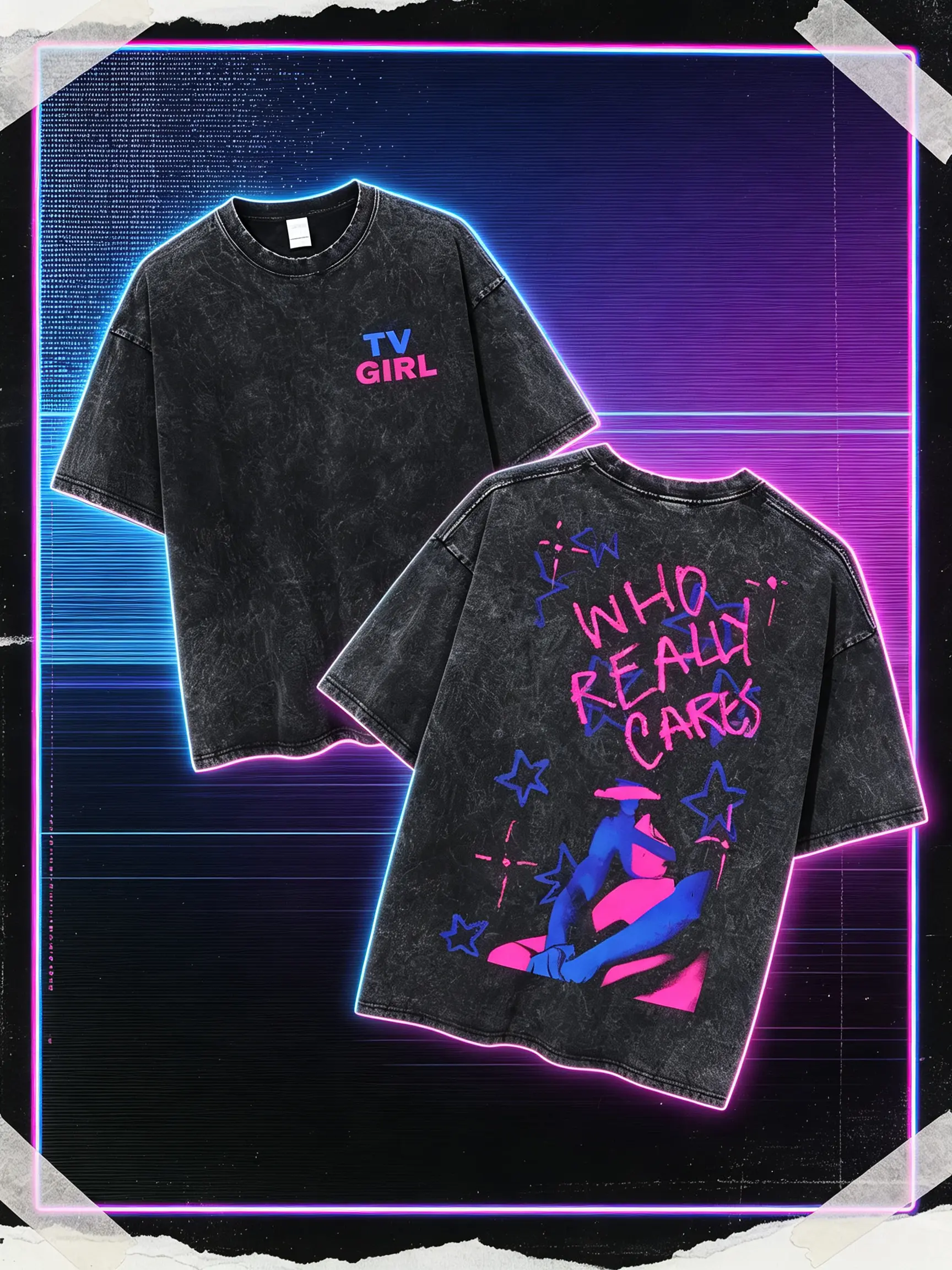 Men's Washed Black Unisex TV Girl Who Really Cares Graphic Tee - Indie Pop Band Tour Tops, Vaporwave Aesthetic Stylish Short-Sleeve Menswear Fashion T-Shirt