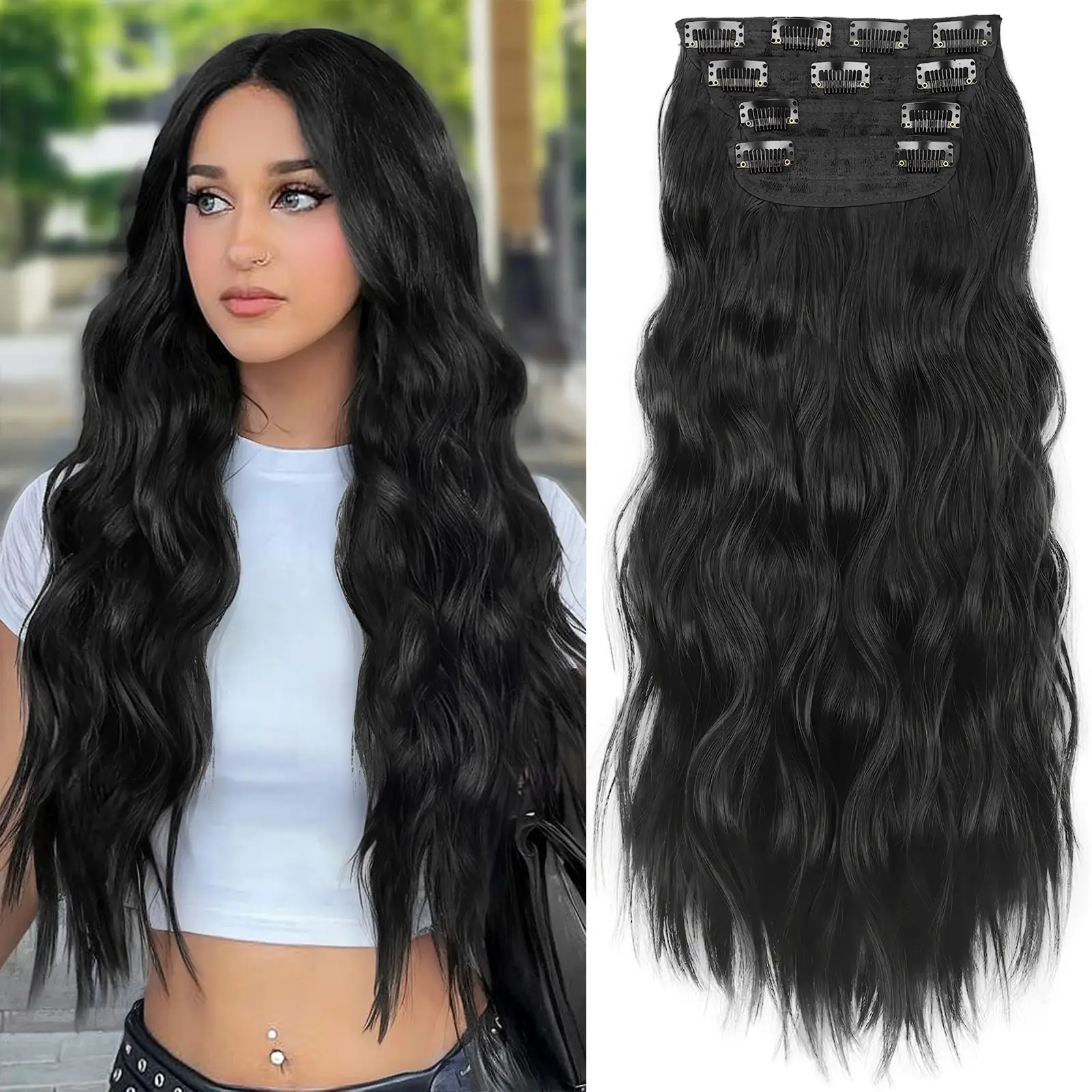 KooKaStyle Clip in Synthetic Hair Extensions Long Wavy 4PCS Thick Hairpieces to Chestnut Fiber Double Weft Natural Hair Extensions for Women