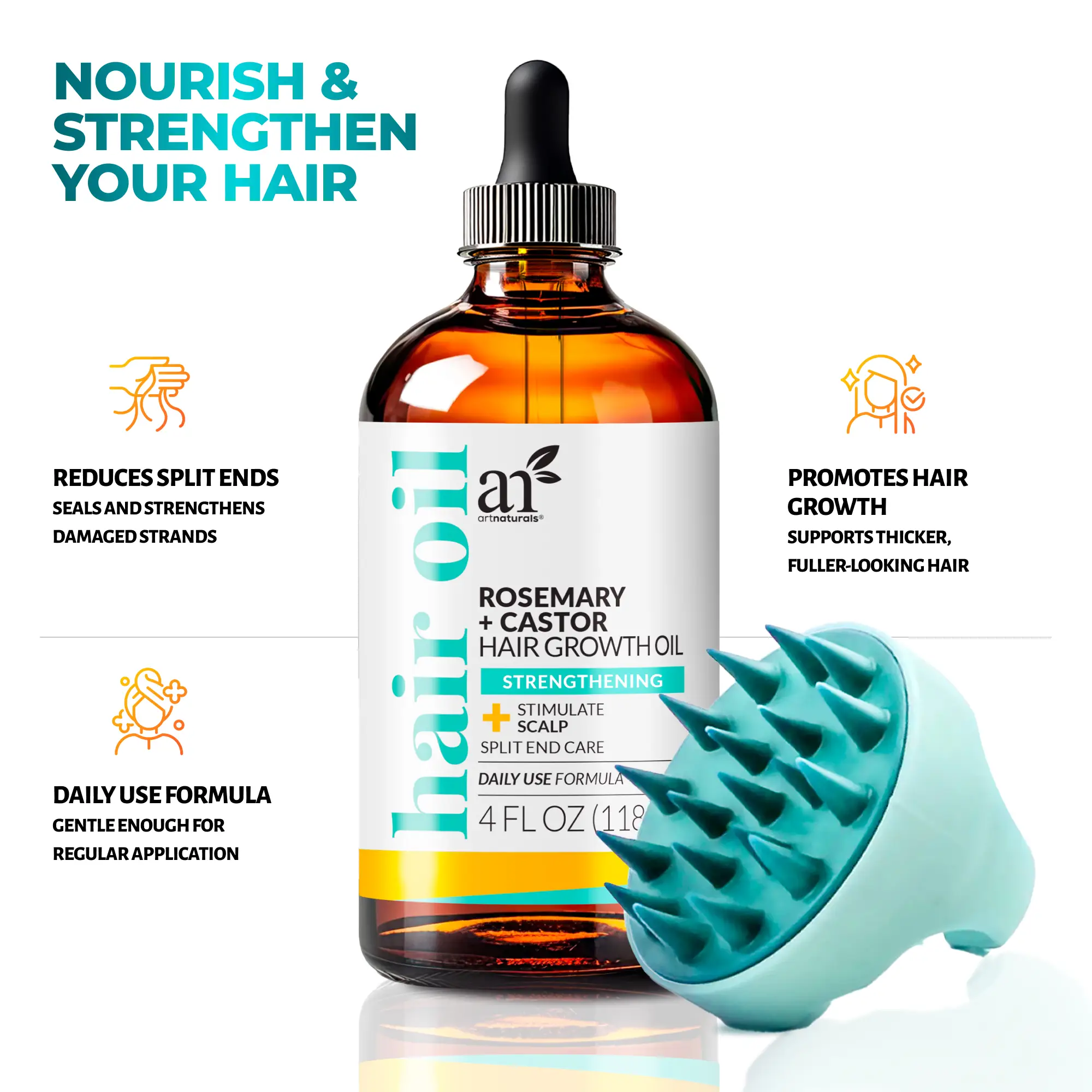 Artnaturals Organic Rosemary Castor Oil Hair Growth Kit with Comfort Scalp Brush - Choose from Keratin Blend, Biotin Vitamin Formula, or Original Natu