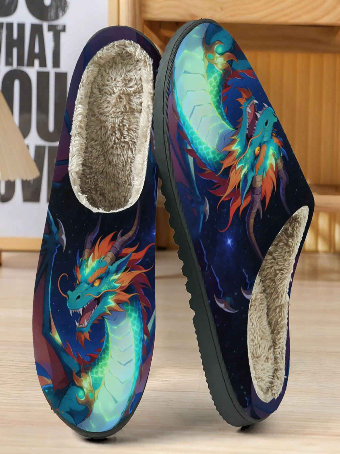 Fantasy Dragon Cotton Slippers, Deep Space Nebula Background, Fluorescent Body, Soft Plush Lining, Casual Home Shoes