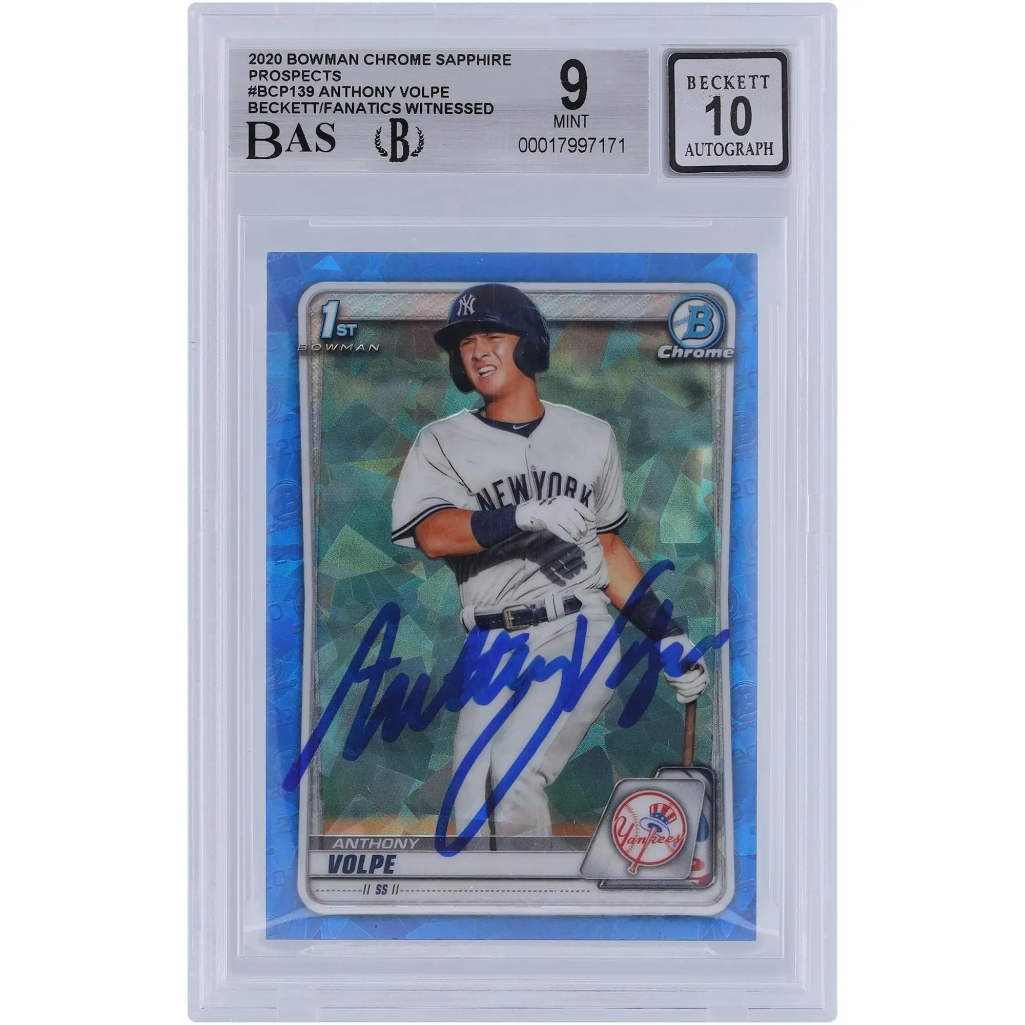 Anthony Volpe New York Yankees Autographed 2020 Bowman Chrome Prospects Sapphire #BCP-139 Beckett Fanatics Witnessed Authenticated 9/10 Card - Fanatics Authentic Certified