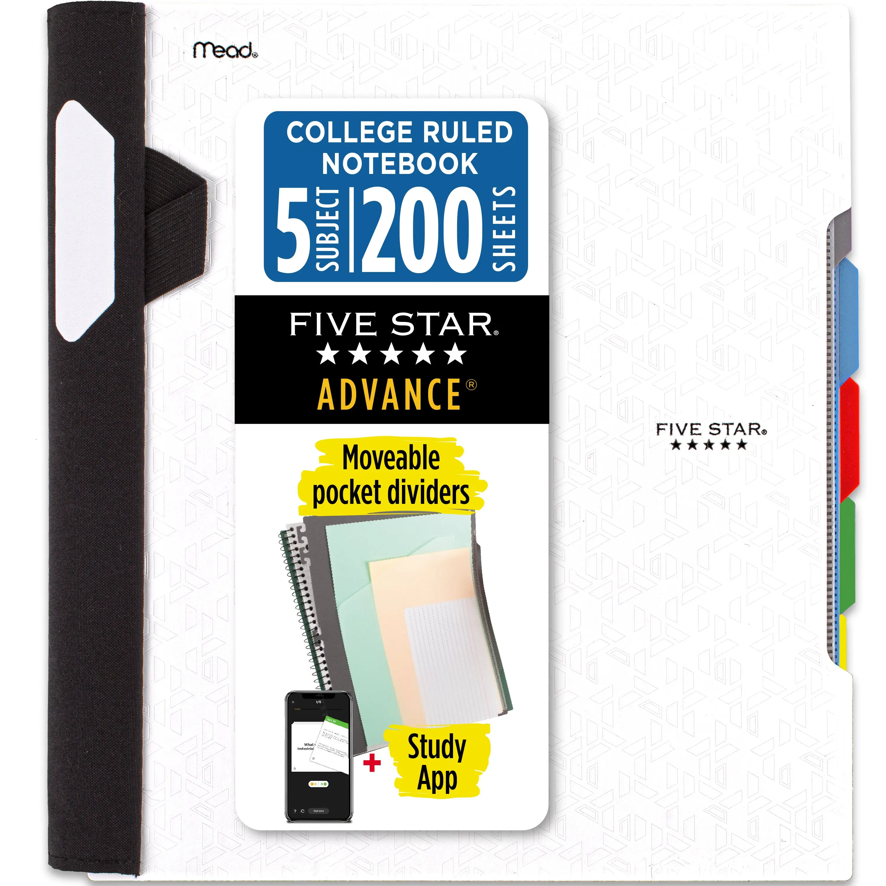 Five Star Advance 5 Subject College Ruled Notebook Plus Study App, 8.5" x 11", White, Poly, Spiral, 200 Sheets