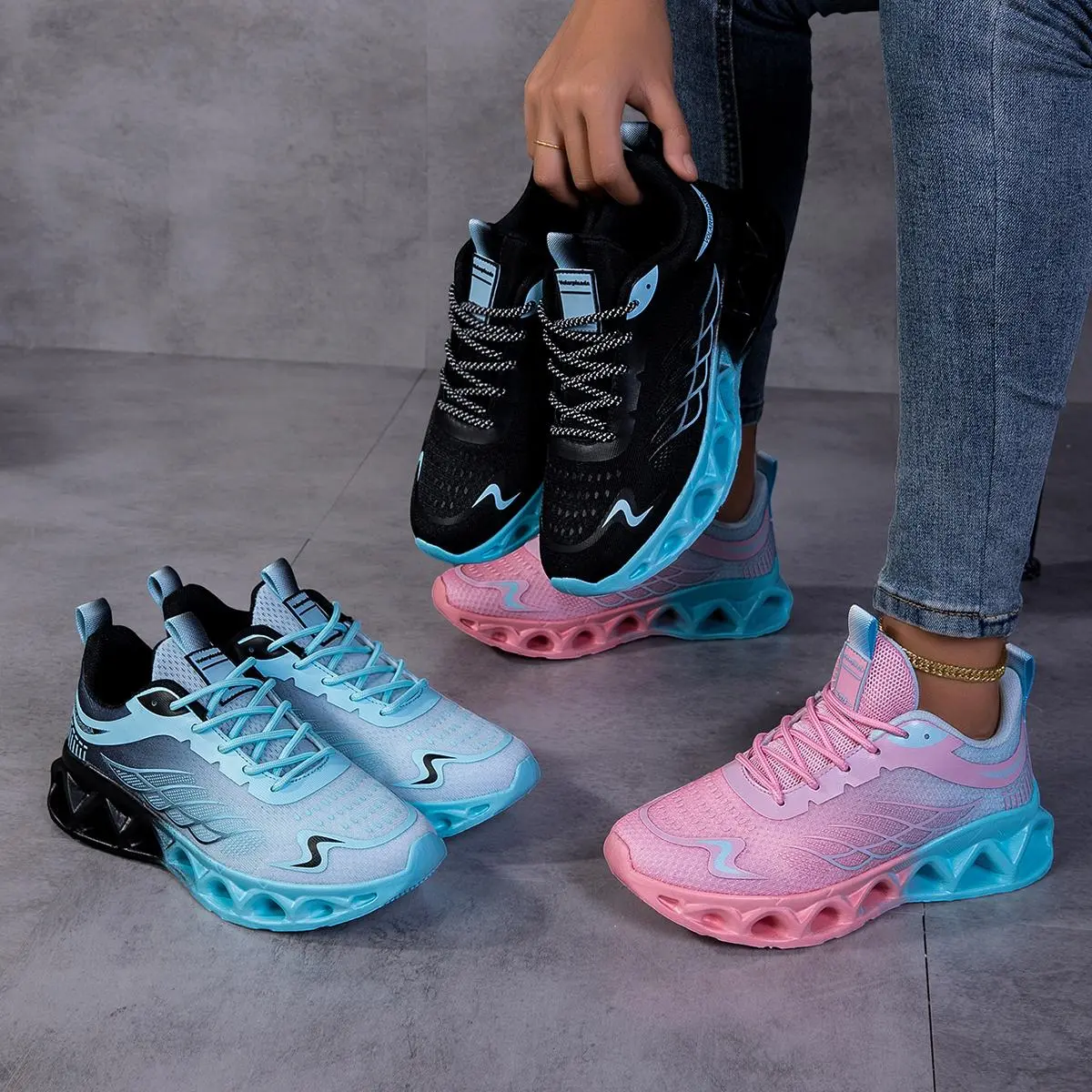 Women's Lightweight All-Terrain Sneakers with Blade Hollow-Out Sole & Cushioning - Non-Slip Breathable Gym Shoes Suitable for Running, Basketball, Walking - Multi-Color Low-Top Athletic Footwear