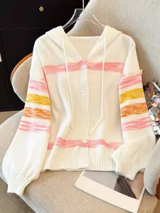 Elegant Tie-Dye Hooded Long Sleeve Cardigan Sweater Coat, Gradient Striped Button Front Knitwear Jacket for Fall Winter Women Fashion Knitting