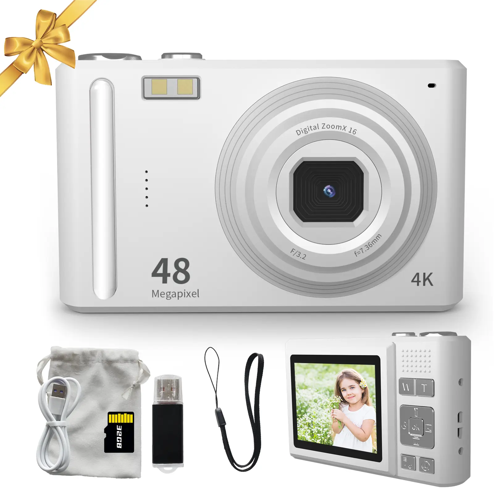 #Summervibes DC403 4K UHD Mini Digital Camera with 48MP Sensor, 32GB SD Card, 16X Zoom, 11 Photo Modes, For Teens & Beginners, Valentine's Day Gift,White Flash Portable Compact Picture Pink,Micro sd card,HD Vlogging Camera