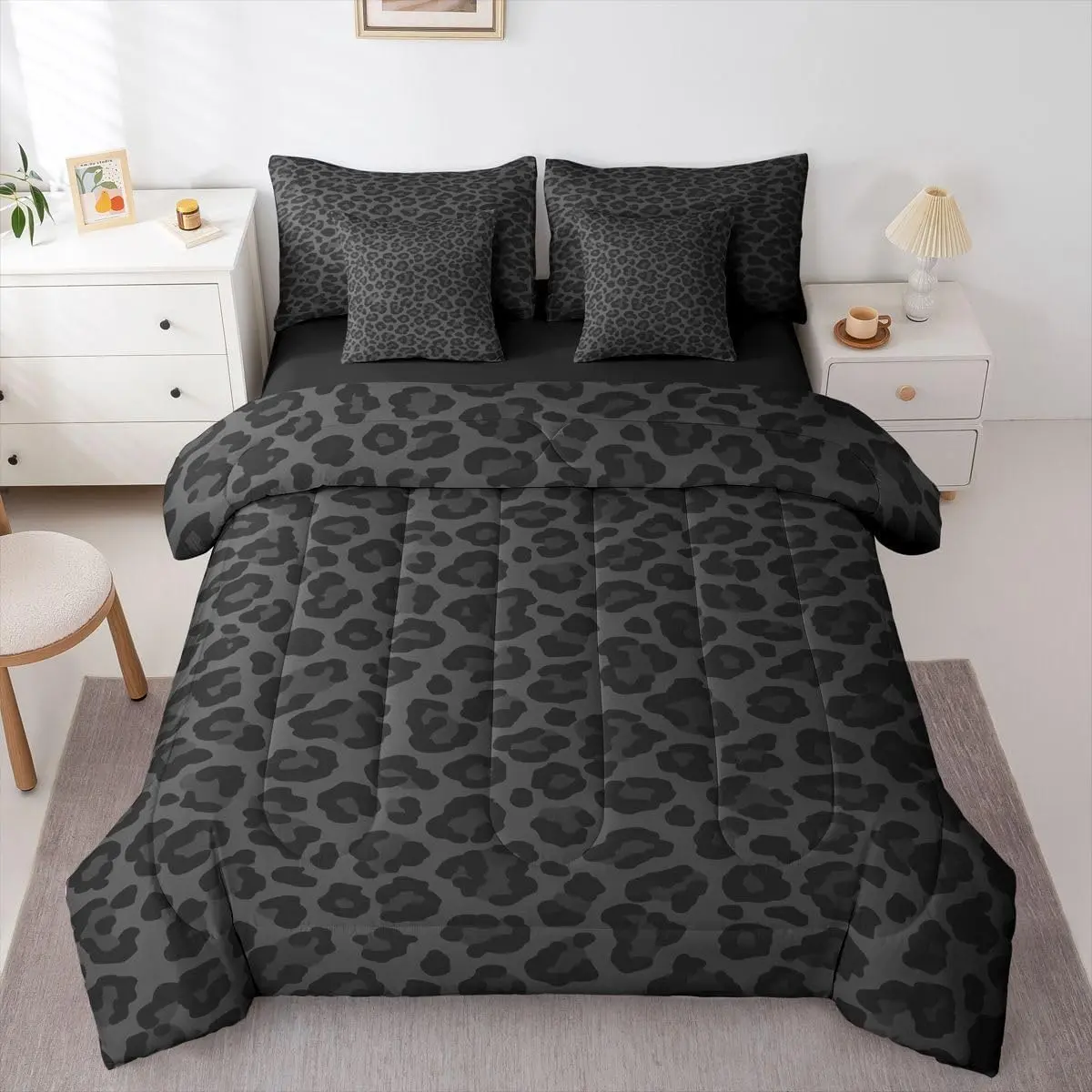 Leopard Print Comforter Set with Sheets 7 Piece Gray Black Bedding Set Cheetah Bed in a Bag Animal Room Decor Safari Soft Lightweight Microfiber