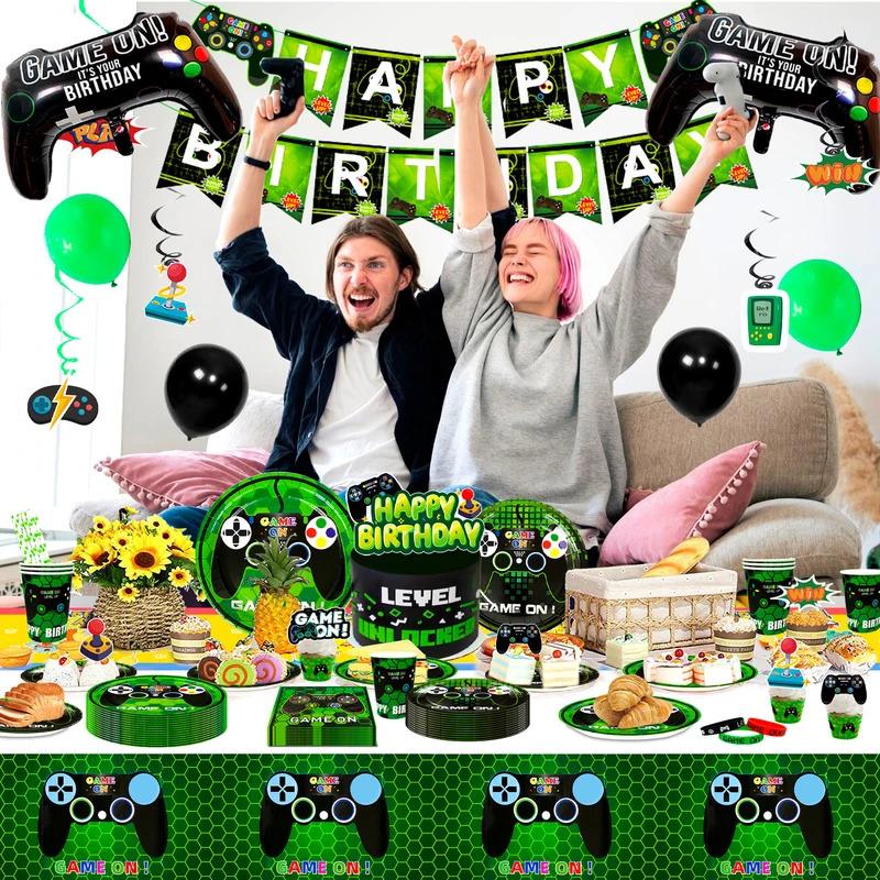 Video Game Birthday Party Decorations for Boys,132pcs Birthday Decorations&Tableware Set-Plates Cups Napkins Tablecloth Balloons
