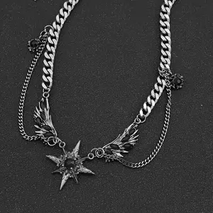 Y2K Cuban Chain Necklace Halloween Black Gemstone Star & Wings Pendant, Gothic Vintage Titanium Steel Jewelry, Nostalgic Design, Adjustable Length 23.6” for Costume & Daily Wear