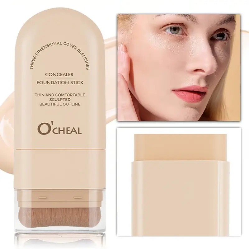 2-in-1 long-lasting waterproof and sweat-proof concealer foundation stick, Longwearing Waterproof Makeup, available in eight colors, Matte makeup finish, with foundation brush, covers dark circles, blemishes, compact and portable