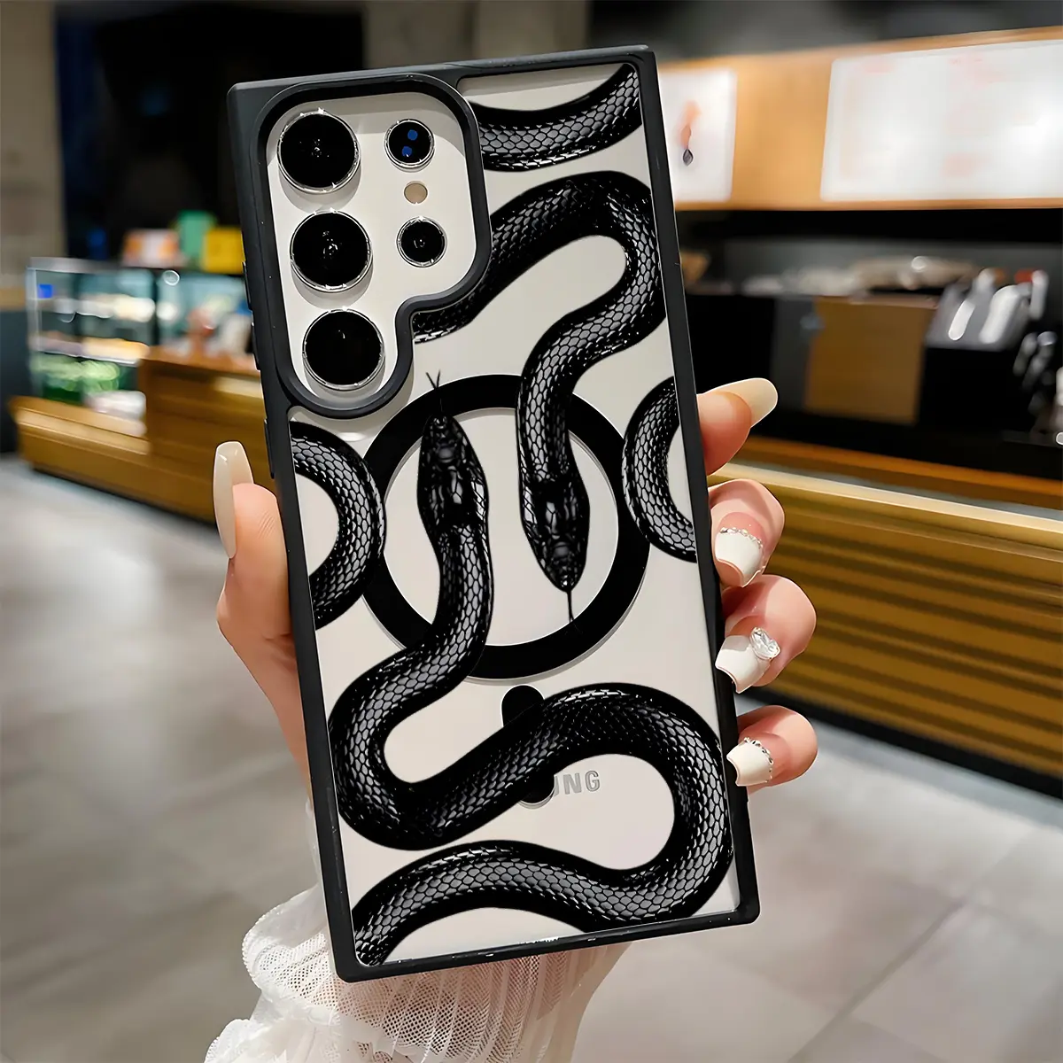 Black Snake Pattern Clear Magnetic Phone Case, Compatible with MagSafe Silicone Bumper Protective Cover For Samsung S26 S25 S24 S23 S22 Ultra Plus FE Girl