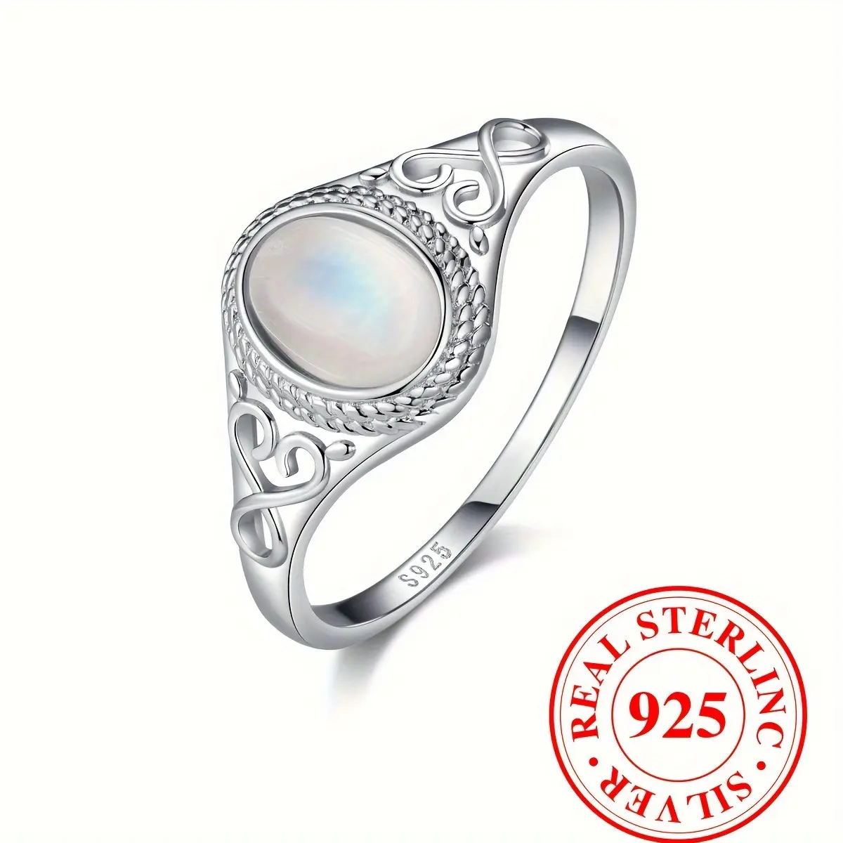 Women's 925 Sterling Silver Boho Female Ring - Inlaid Moonstone, Daily Wear Band, Sizes 4-11, Wedding or Anniversary Engagement Gift, Romantic Daily Wear, No, Stone Inset