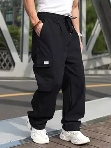 Men's Solid Pocket Drawstring Waist Cargo Pants, Regular Fit Casual Comfy Straight Leg Trousers, Casual Sports Trousers for Outdoor Daily Wear, Men's Bottoms for All Seasons