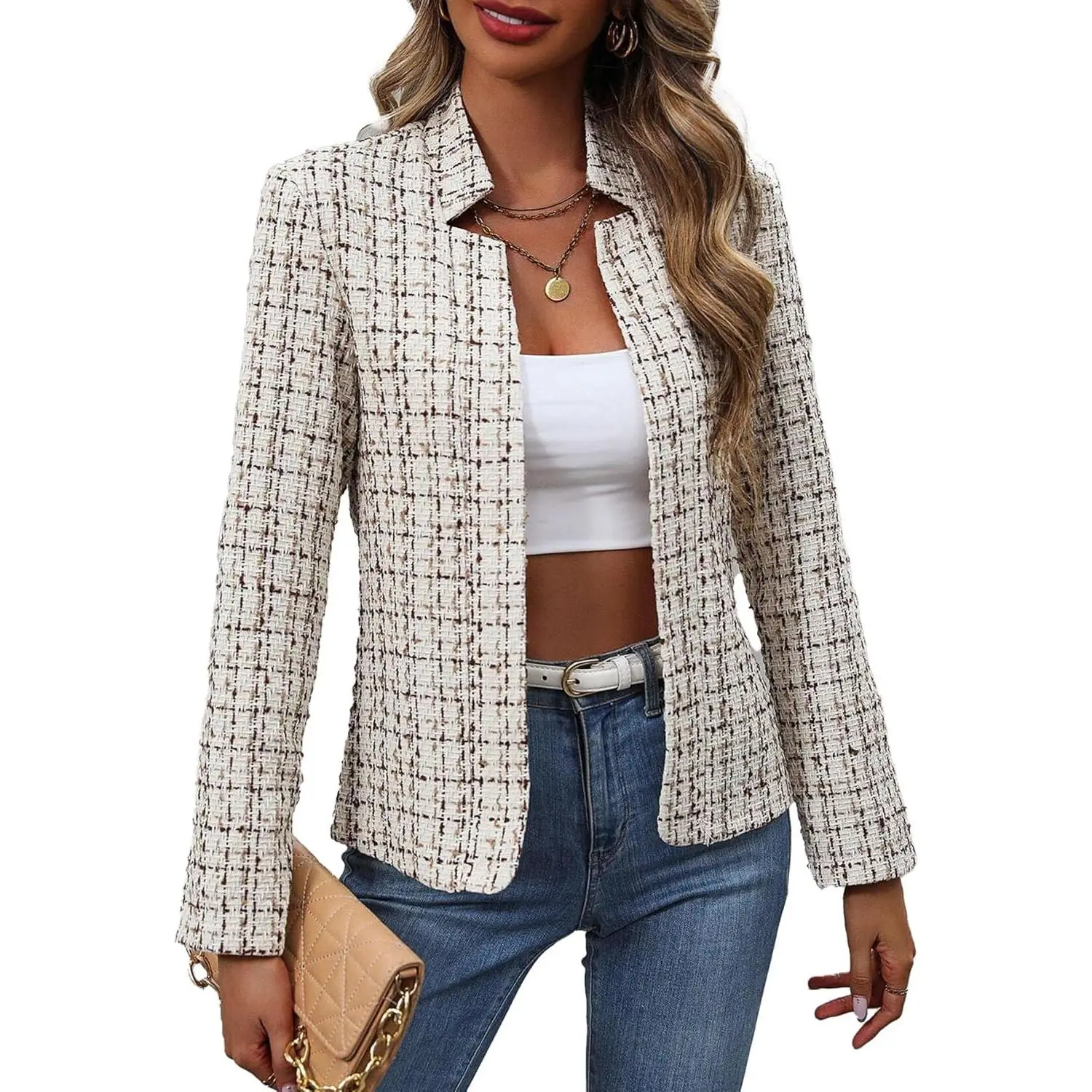 2026 Women's Open Front Tweed Plaid Blazer - Lightweight Stand Collar Fully Lined Casual Trendy Work Office Jacket