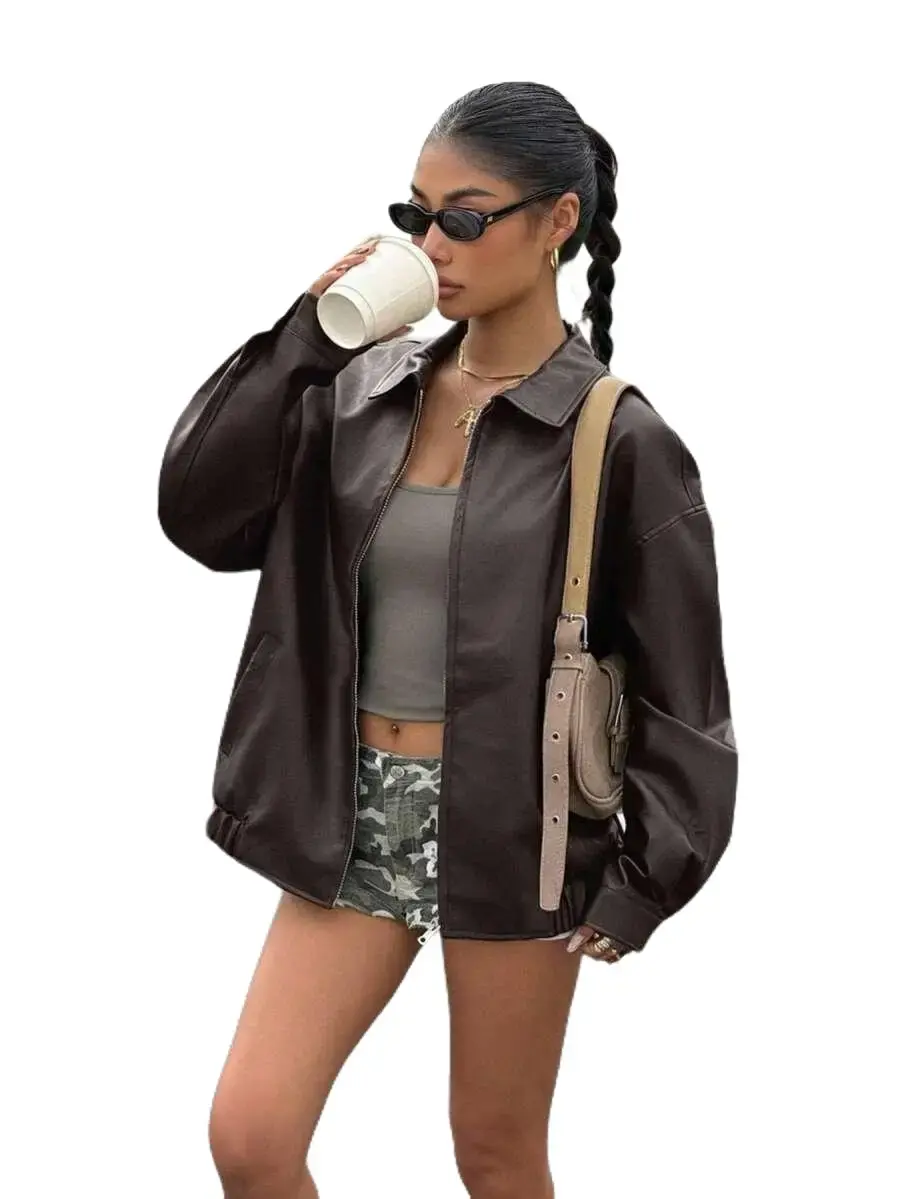 Women Oversized Collared Faux Leather Jacket Vintage Brown Zip Up Loose Fit Bomber Coat Y2K Streetwear Casual Fall Daily Outerwear backtoschool