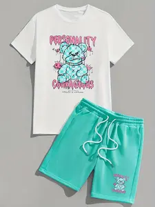 Men's Casual Personalized Bear Graphic Print Crew Neck Short Sleeve T-Shirt and Drawstring Shorts Set, Summer Outdoor Activities