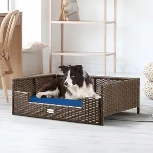YITAHOME Rattan Dog Bed with Cushion,Wicker Pet Bed Sofa Couch Indoor Outdoor Water Resistant for Large Medium Small Dogs Cats (34.6''L*23.6''W*11.8'',Blue)