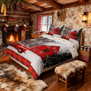 Christmas Truck Kids Duvet Cover Set,Geometric Plaids Snowflake Bedding Set,Girls Boys Adults Room/Xmas Cabin Decor,Cottage Rustic Comforter Cover,Farmhouse Quilt Cover