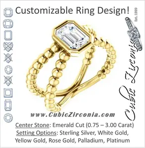 Cubic Zirconia Engagement Ring- The Maria Leeslii  (Customizable Bezel-set Emerald Cut Solitaire with Wide Beaded-Metal Split-Band)