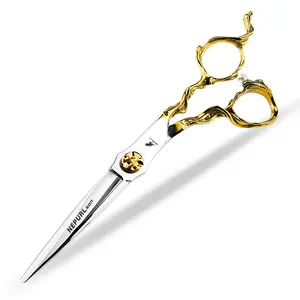 6.0 Inch Half Gold Root Handle High-End Hair Cutting Scissors, 440C Stainless Steel, Fine-Tooth, Right Hand, Manual Polishing