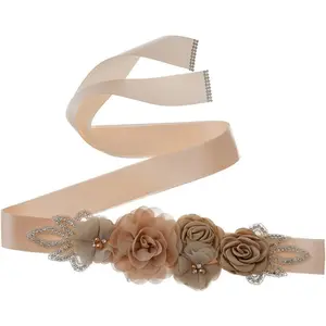 Sash Belt 106 Inch Satin Ribbon with Handmade Flowers Pearls Rhinestone Elegant for Wedding Bridal Dress Maternity