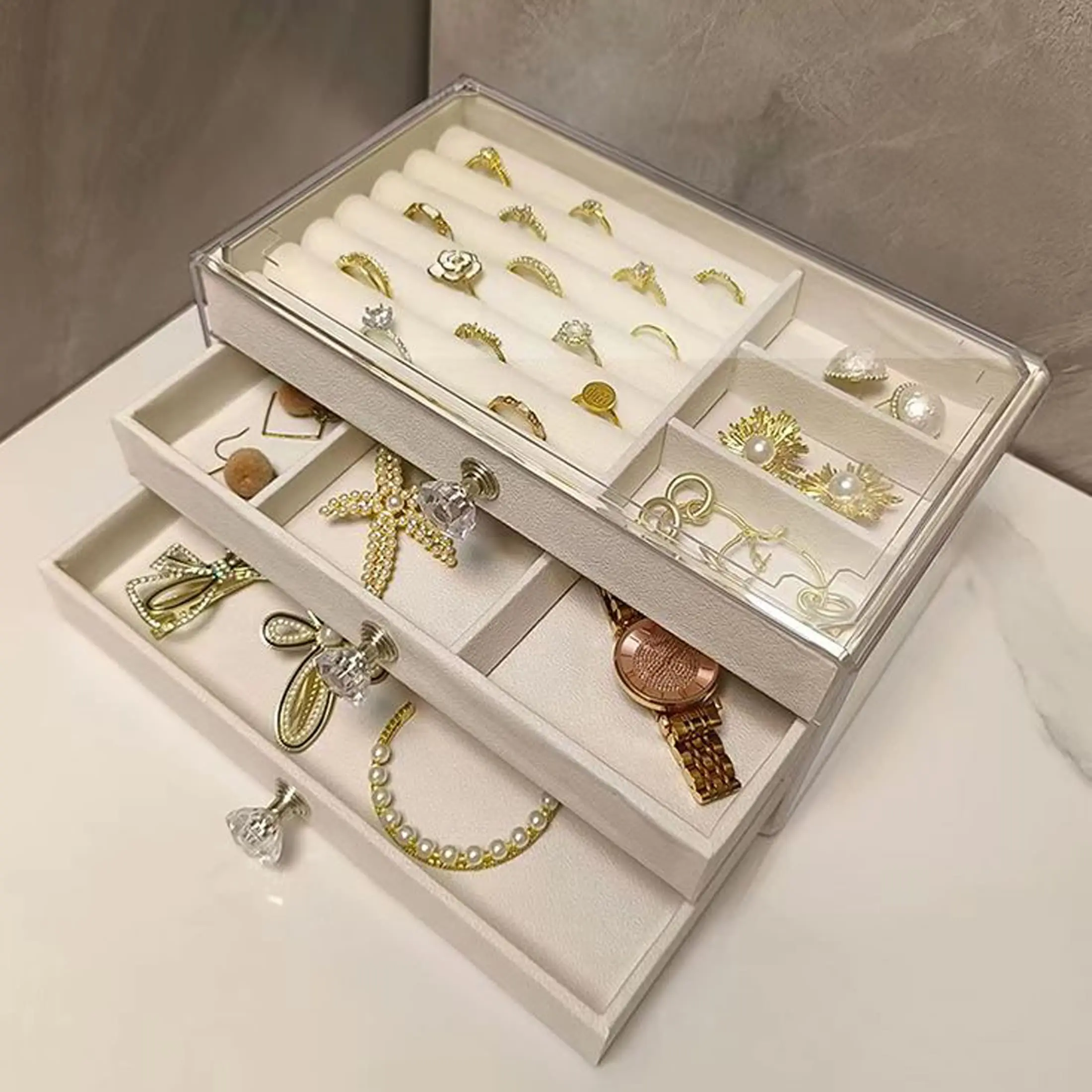 1pc Transparent  Jewelry Organizer Box, Mother's Day Gift, 3-Tier Drawer Storage For Earrings, Rings, Necklaces, Bracelets, Pendants, Birthday & Anniversary Present, Display Case