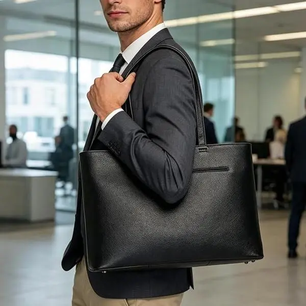 Men's Top Grain Cowhide Leather Tote Bag - Plain Minimalist Shrunk Pebbled Lthr Laptop Briefcase, Metal Studs Protect Self-Standing Base, Comfy Shoulder Drop, Quick-Open Access Pocket, Zippered Business Casual Work Carrier
